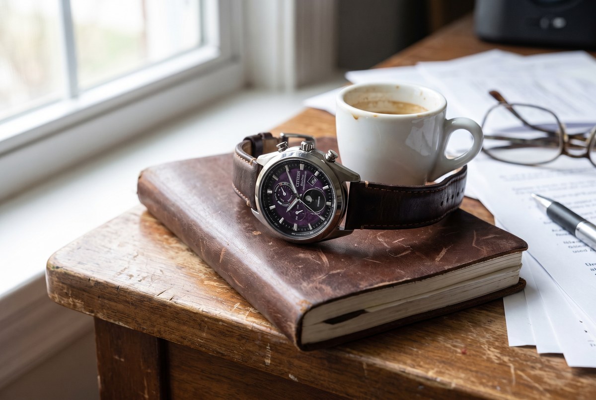 Citizen Tsuki-yomi resting on a leather notebook