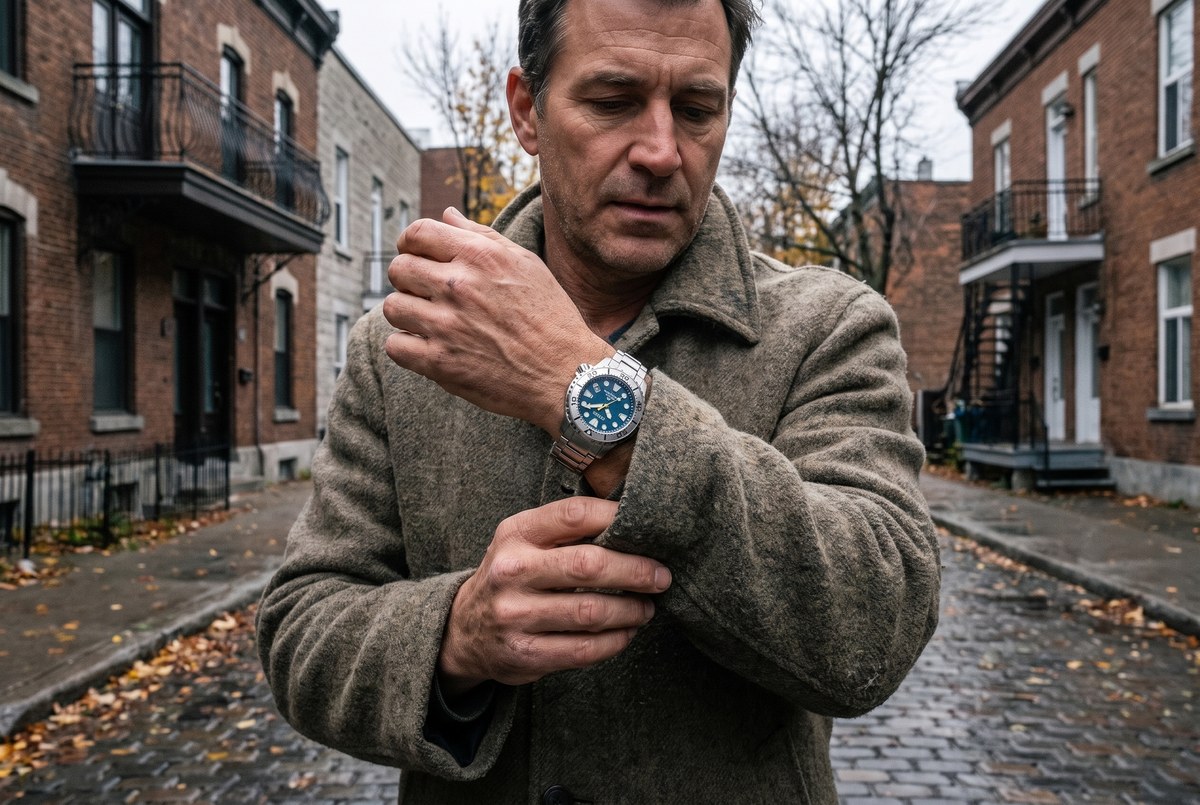 Citizen Promaster diver worn on a grey Montreal street